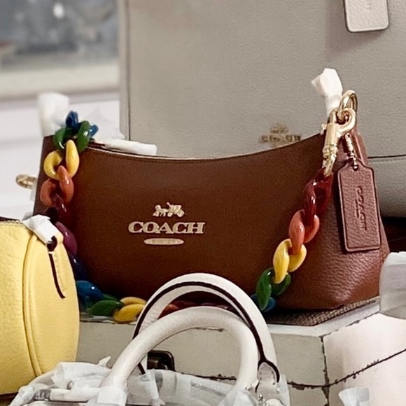 Coach Charlotte Shoulder/Crossbody Bag Brown w Multi Color  Strap NWT - Picture 9 of 12